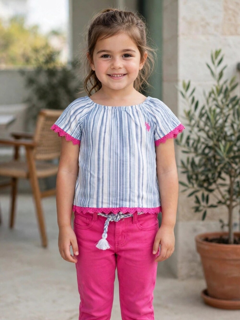 U.S. Polo Assn Girls 2-Piece Set Size 5 NWT Striped Lace Top Pink Pants Belt